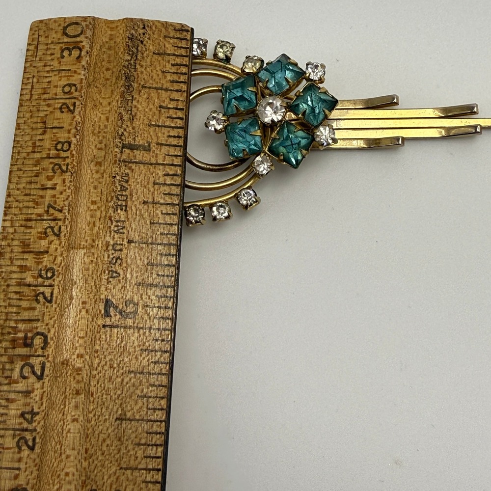 Art Deco Brooch Pendant 40s 50s Women OS Gold Teal Rhinestone Good Vintage - Picture 11 of 11